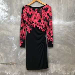 RALPH LAUREN FLORAL DRAPED DRESS. SIZE 6. BLACK RED LONG SLEEVE JERSEY PULL ON